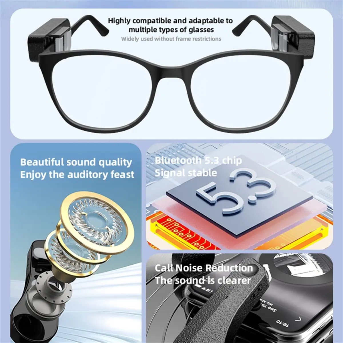 DT75BG Bluetooth 5.3 Stereo Wireless Headphones with Mic for Glasses, Noise Reduction Handsfree Calling, External Hook Headset