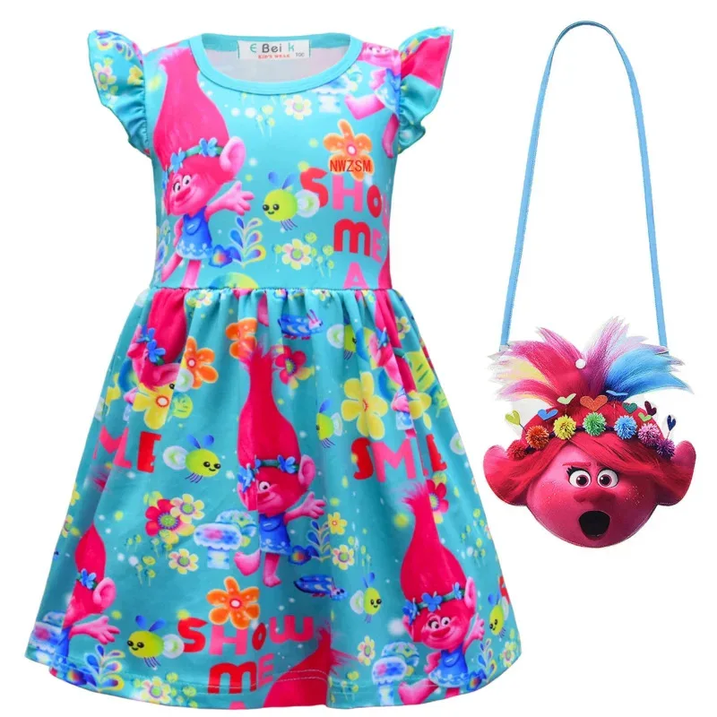 Kids Trolls Dress for Girls Summer Cartoon Children Clothing Milk Silk Ruffle Sleeve Princess Dresses Birthday Floral Clothes