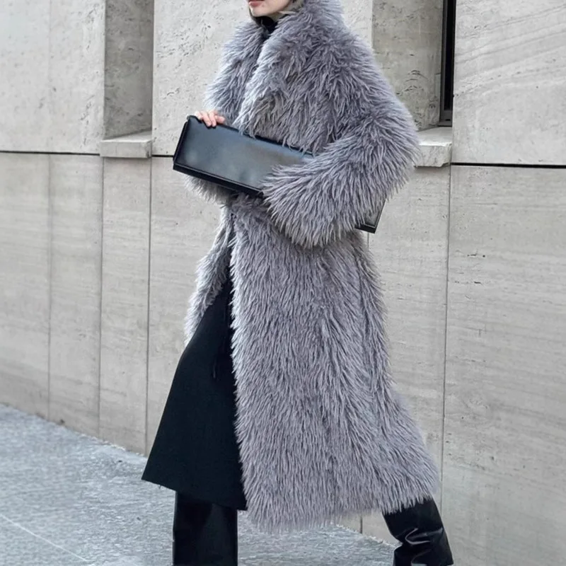 Fashionable Notched Collar Long Faux Fur Coat Warm Thick Fleece Jacket Elegant Women's Office Fluffy Coat Chic Faux Fur Jacket