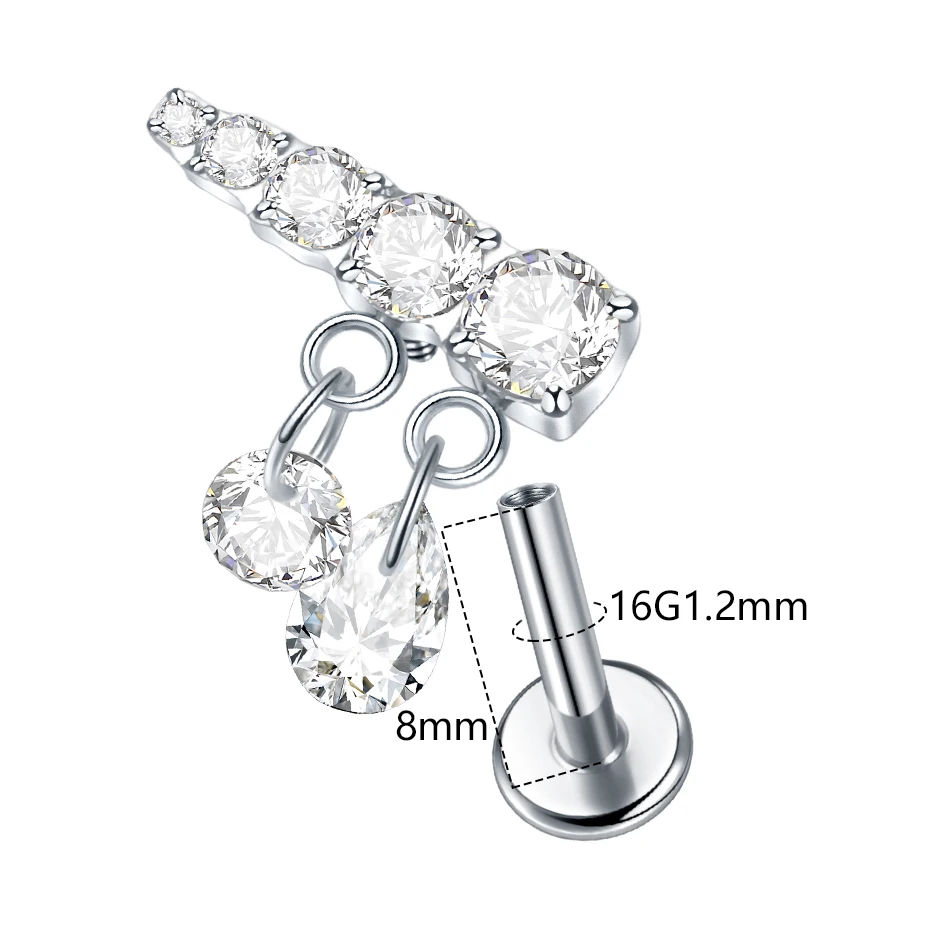 1PC Titanium 16G Marquise Zircon Stud Earrings Internally Threaded Labret Monroe Lip Cartilage Helix Piercings Jewelry for Women