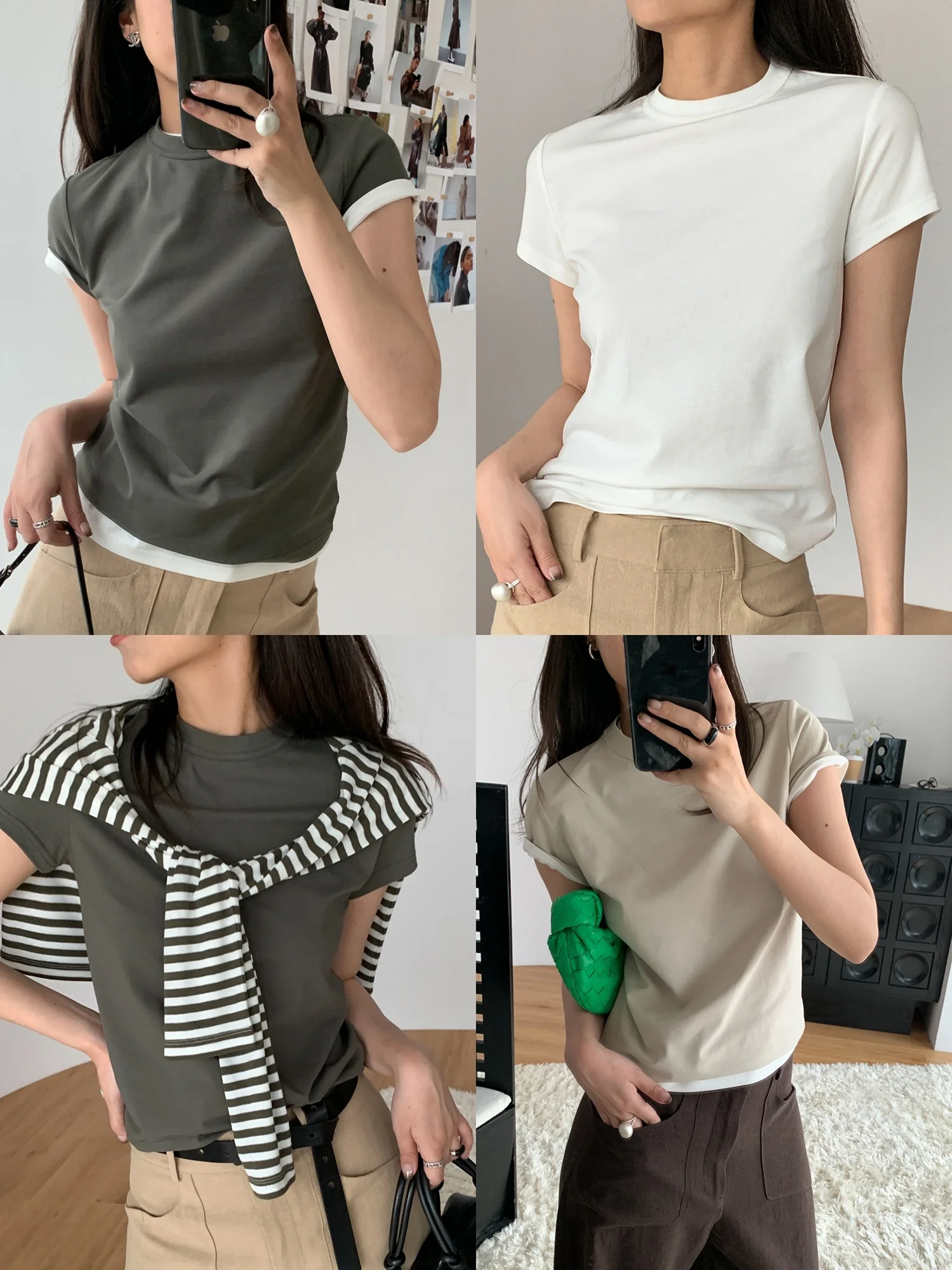 

Футболка Slim Fit с круглым вырезом и коротким рукавом, цвет тауп, с декоративной отделкой на плечах, стандартная ширина плеча, из смесового хлопка, для летней повседневной носки