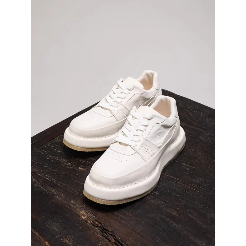 

White Black Thick Sole Fashion Casual Shoes Men Washed Horse Leather Handmade High End Loafers Men Shoes