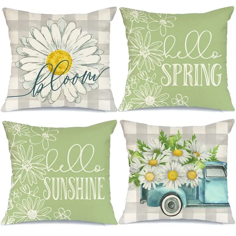 A24I Spring Pillow Covers 18X18 Set Of 4 Spring Decorations Farmhouse Throw Pillow Home Sofa Decor Cushion Case