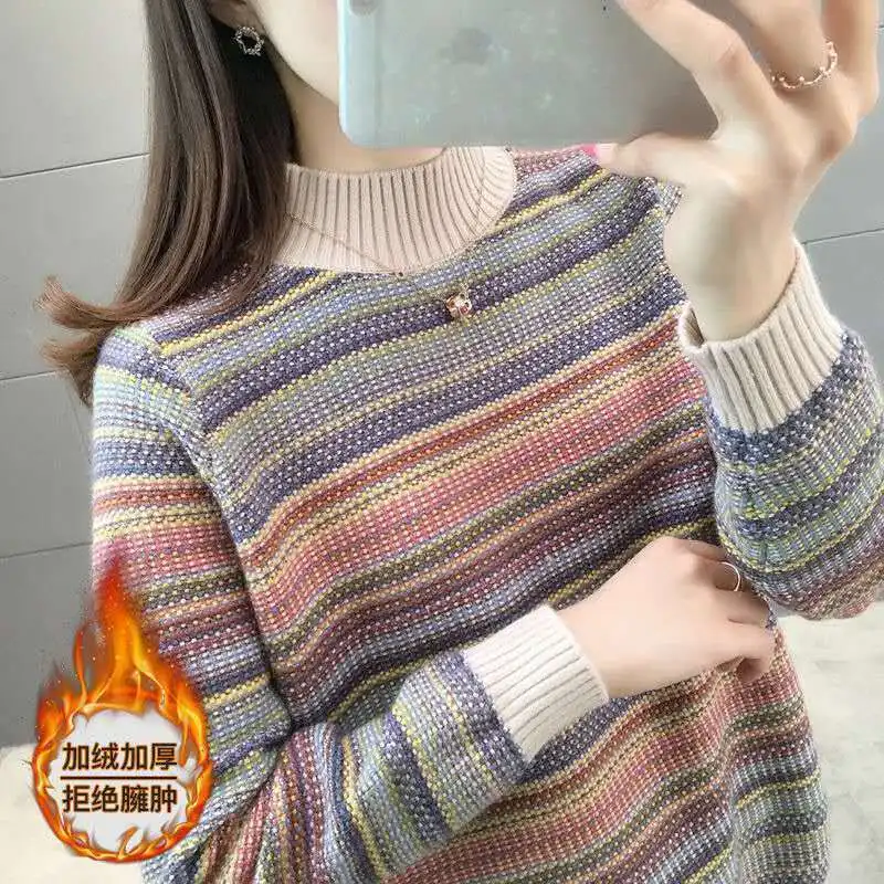 Women Autumn Winter Korean New Half High Neck Pullover Sweater Loose Lazy Striped Warm Knitted Shirt Versatile Long Sleeve Tops