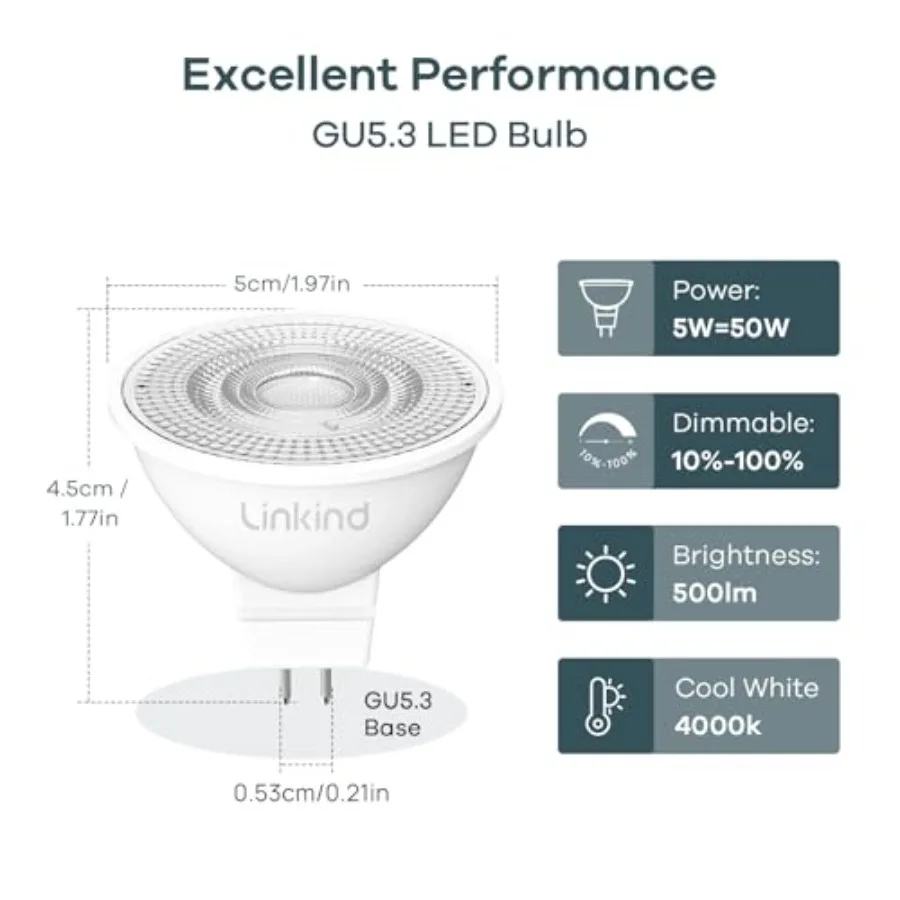 Dimmable MR16 LED Bulbs, 50W Equivalent GU5.3 Bi-Pin Base MR16 Bulbs, 12V Low Voltage 5W 4000K Cool White 500lm 40° Beam Angle
