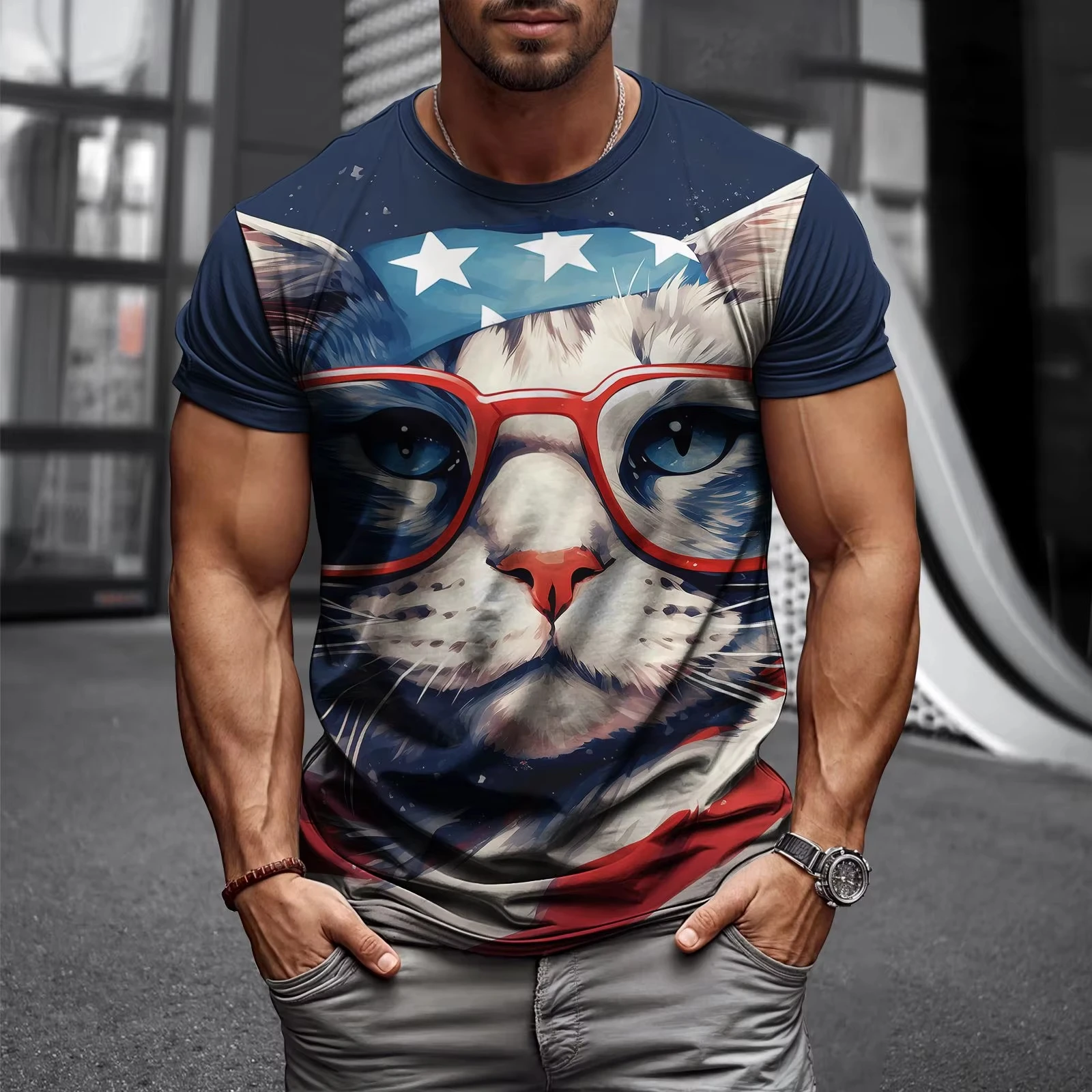 Vintage America Cat T-Shirt For Man 3D Printed Biker Motor Men's T Shirts Oversized T Shirt Short Sleeve Camiseta Clothing
