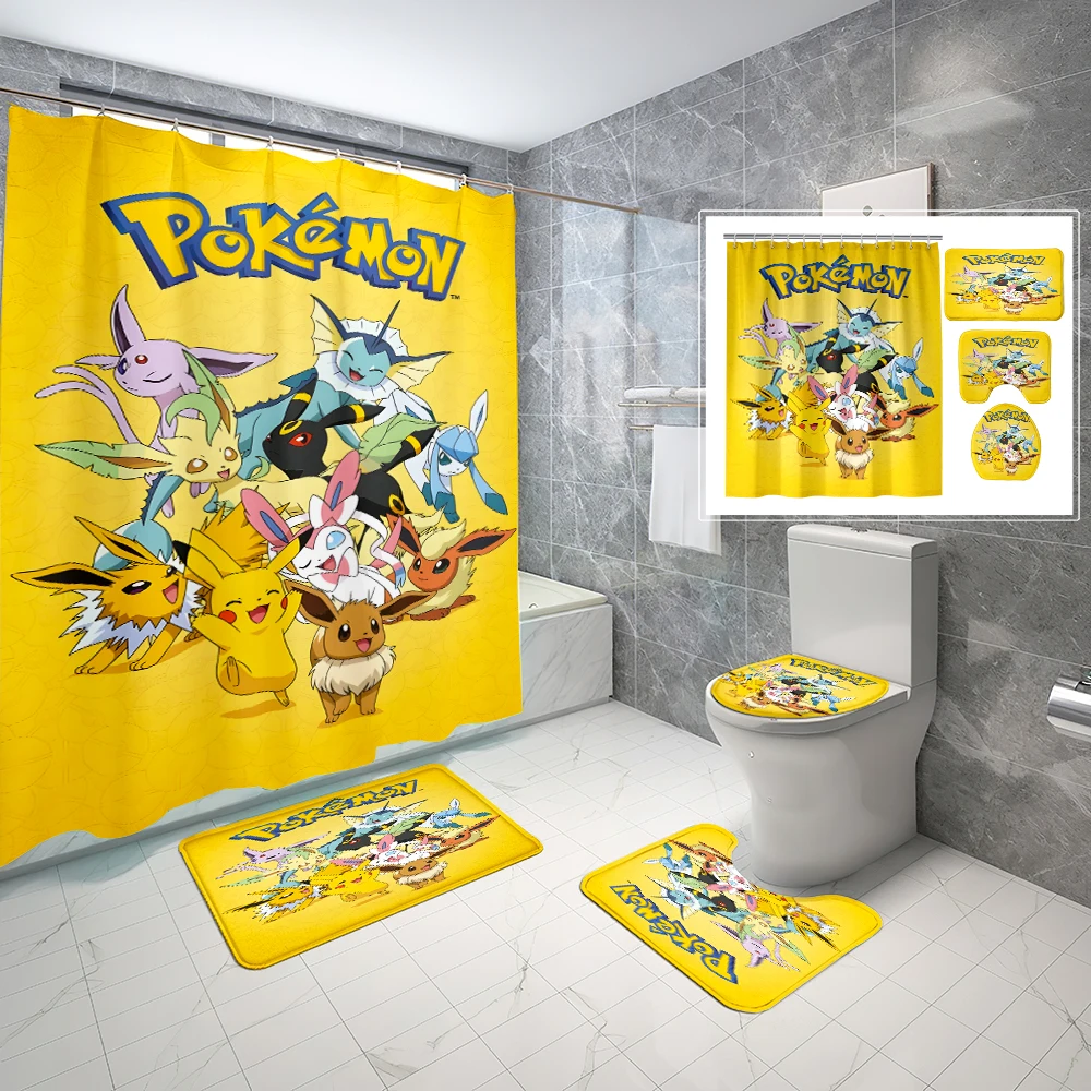 Imagem -02 - Conjunto Impermeável de Banheiro Pokémon Pikachu Cortina de Chuveiro Tapetes Antiderrapantes Tampa do Banheiro Tapete de Banho 12 Ganchos 70x70 Pcs