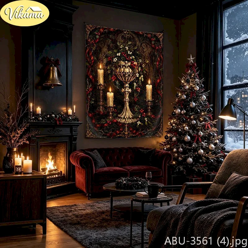 VIKAMA Gothic Christmas Tapestry Wall Hanging Hooded Skeletons Star Fireplace Tree Dark Academia Creepy Decor
