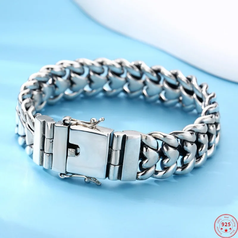 

Genuine S925 Sterling Silver Bracelets for Men New Fashion Domineering 15mm Wide Heart Shaped Flat Tank-chain Wholesale