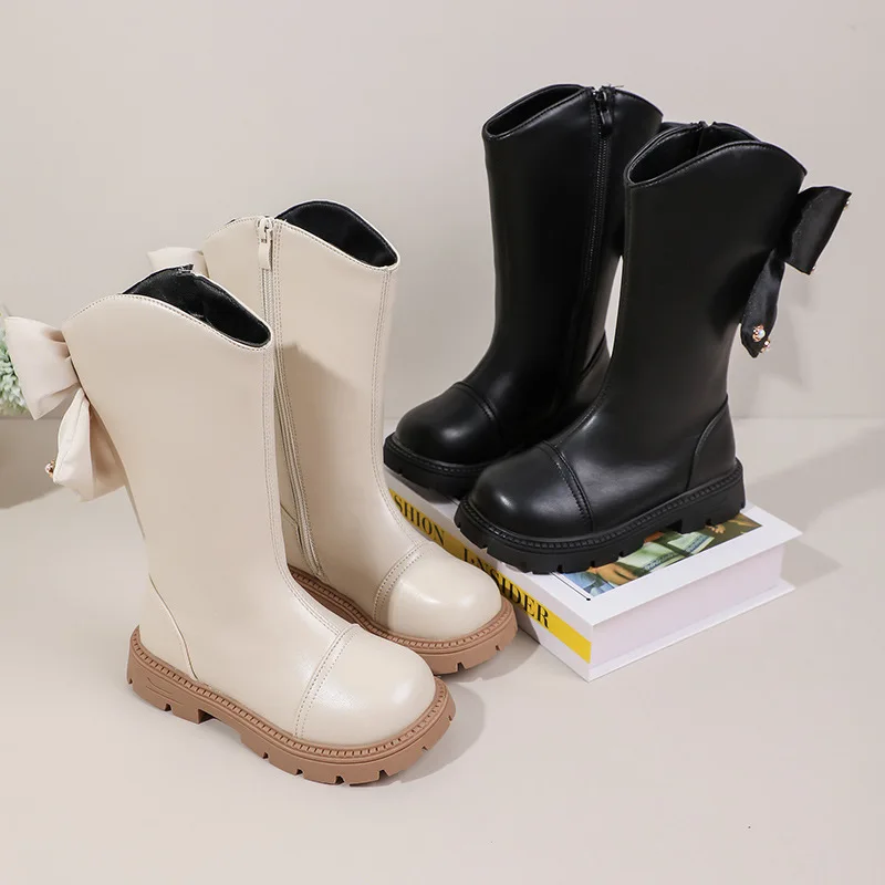 2025Winter New Kid Christmas Shoes Comfort Girl Rhinestone Middle Leather Boot Simple Versatile Child Bow Princess Leather Boots