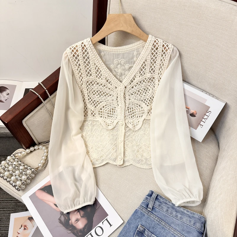 

Spring Summer New Fairy V-neck Hook Flower Hollow Knot Thin Chiffon Long Sleeve Women Open Cardigan Casual Style Lo...
