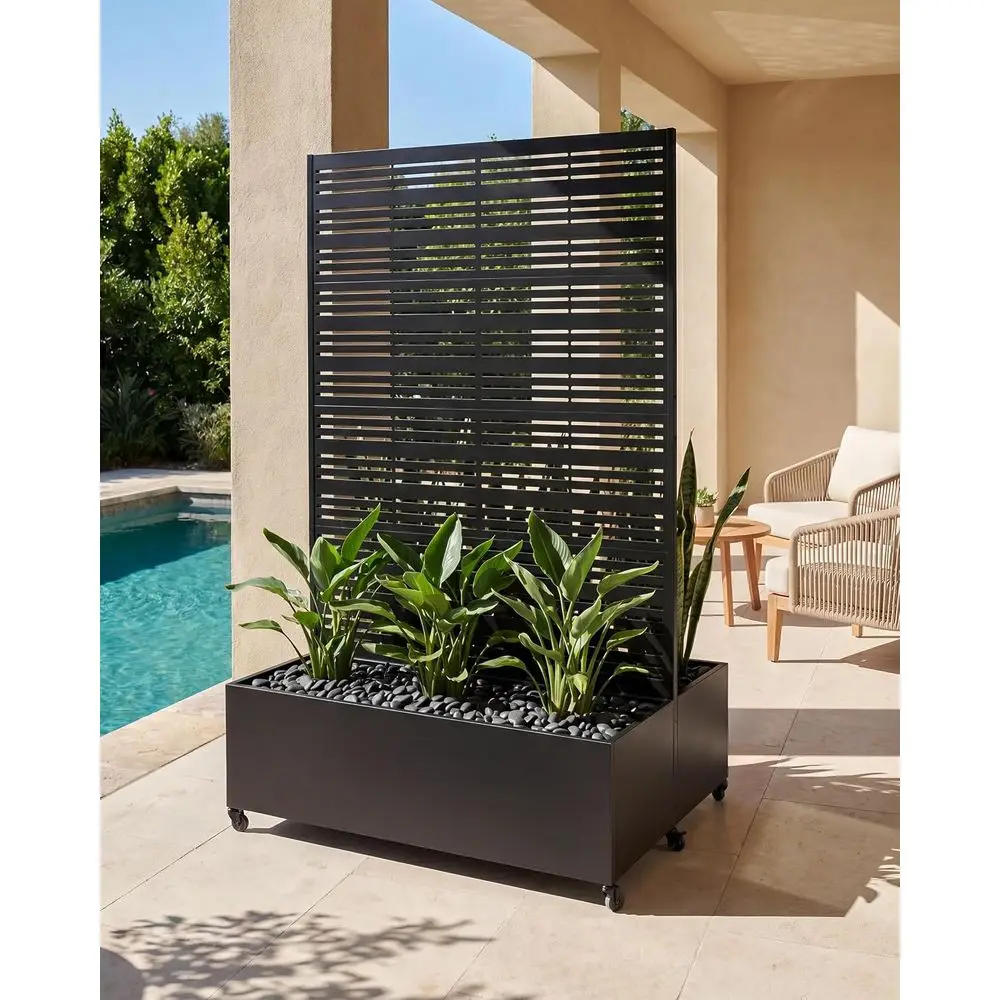 72-Inch Dual-Box Planter with Trellis, Raised Garden Bed, Black, 6 Wheels (4 Locking), Suitable for AC Units and Pool Equipment,