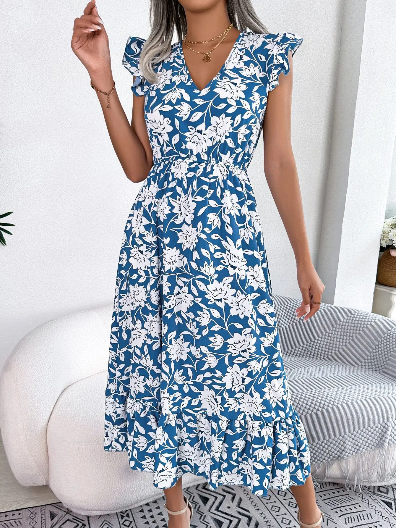 

Flower Print Spring Summer Leisure Fungus Edge Flower Waist Cinching Long Vacation Dress Women's Clothing