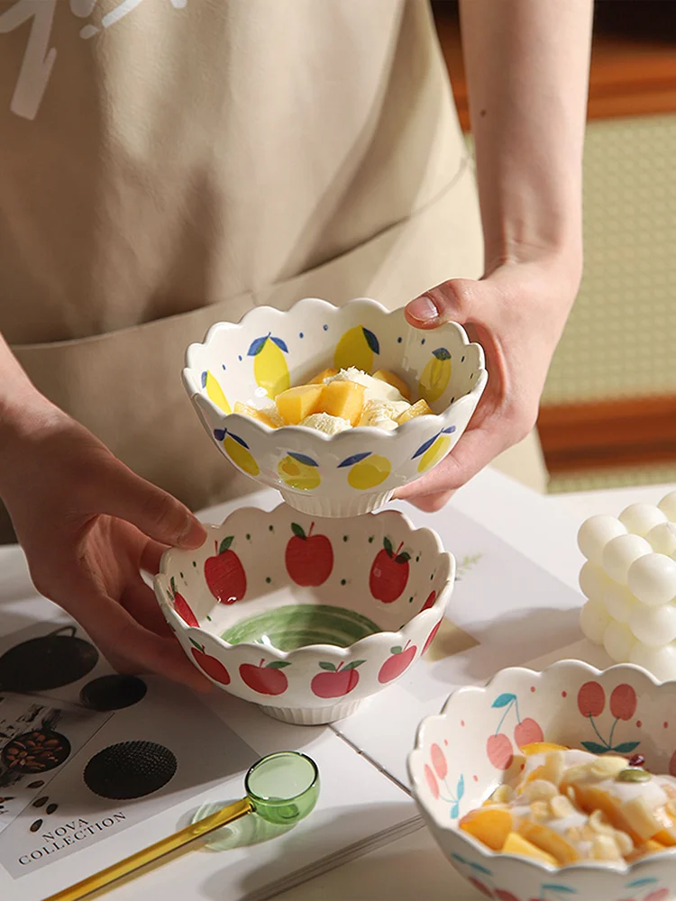 Ceramic 4.8 Inch Bowls Japan Kawaii Style 270ml Cherry Lemon Handpainted Ice Cream Salad Rice Yogurt Desserts Food Container