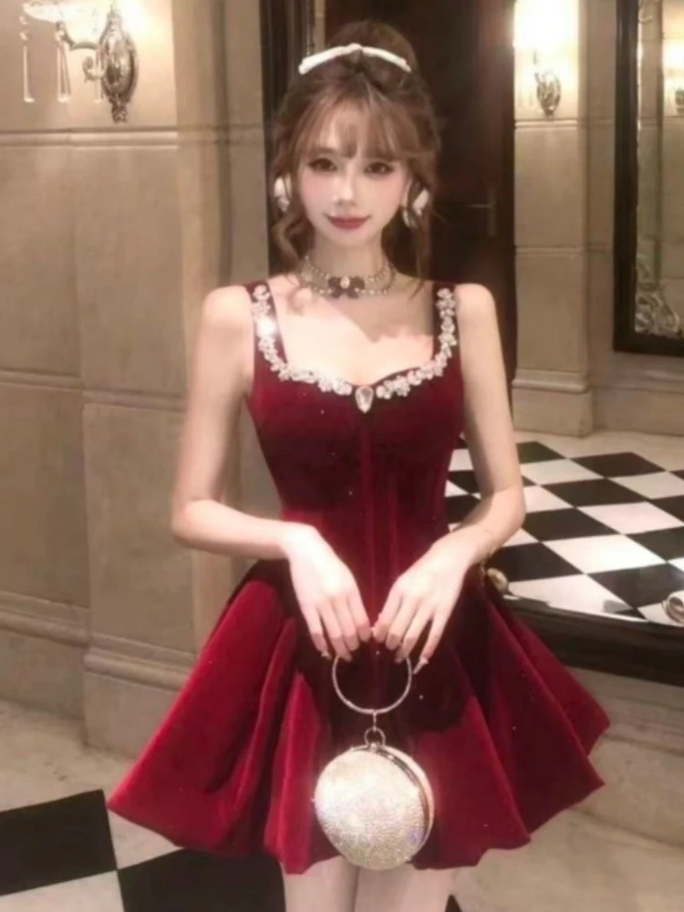 فستان فرنسي عتيق أنيق للأميرة باللون الأحمر للنساء Y2k تصميم مثير من الدانتيل فستان سهرة هاراجوكو كوري أنيق لحفلات أعياد الميلاد #3