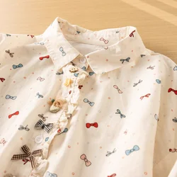 Women's beautiful blouses mori kei Japanese style sweet cotton lapel bow printed shirts women's long-sleeved shirt fall shirts