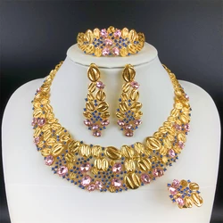 ESALE Vintage Opal Jewelry Set For Women Luxury Design Necklace Earrings Bracelet And Ring 18K Gold Plated Dubai Nigeria Jewelry