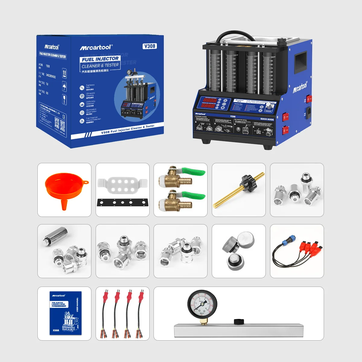 MR CARTOOL V308 Injector Cleaner Machine 4-Cylinder Injector Cleaner Tester Machine Heated Ultrasonic Fuel System Injection Cleaning Kit for Petrol Car Motorcycle 110V view 6