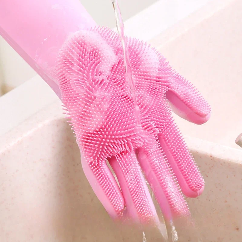 1 Pair Reusable Dishwashing Gloves Silicone Household Sponge Scrubber Durable Portable Kitchen Dishwashing Cleaning Gloves