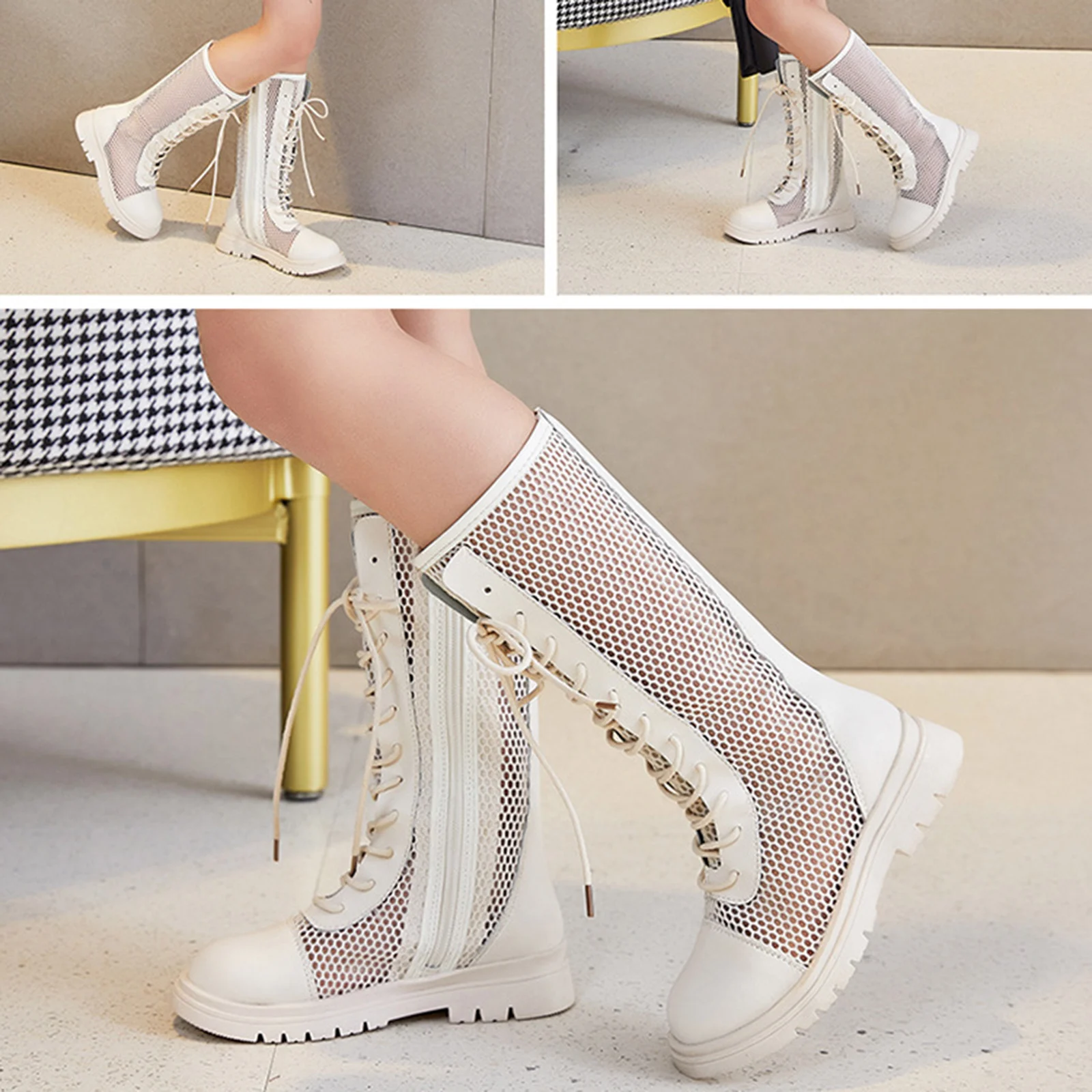 

Trendy Kids Mesh Long Boots Winter Student British Style High Waisted Single Boot Children Girls Side Zipper Lace-up Boots