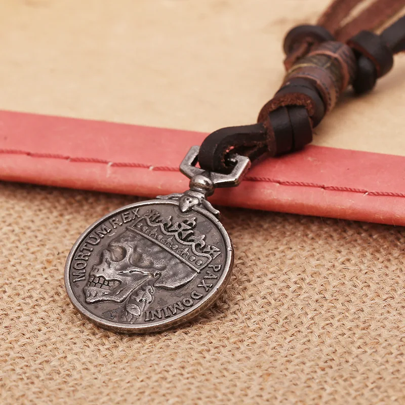 

Vintage Style Coin Skull Leather Necklace, Steampunk Gothic Pendant with Old World Charm, Unique Men's Biker Punk Gift