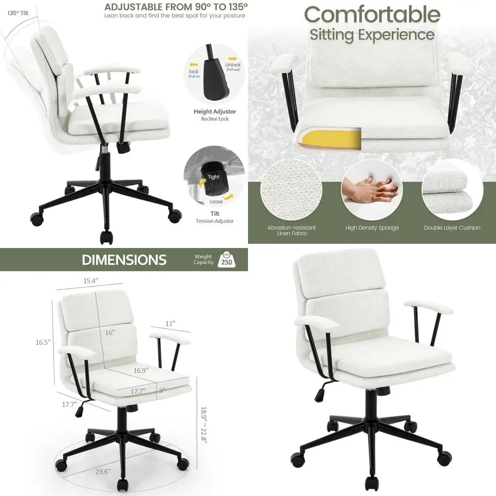 

Ergonomic Mid Back Computer Chair with Removable Armrests, Double Cushion, 135° Rocking, Wheels for Home Office & Meetings (Whit