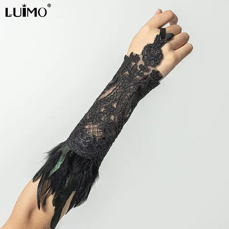 Natural Feather Black White Lace Long Gloves Women Party Sexy Fingerless Gloves Exaggerated Lace Fishnet Gloves Y2k Accessories