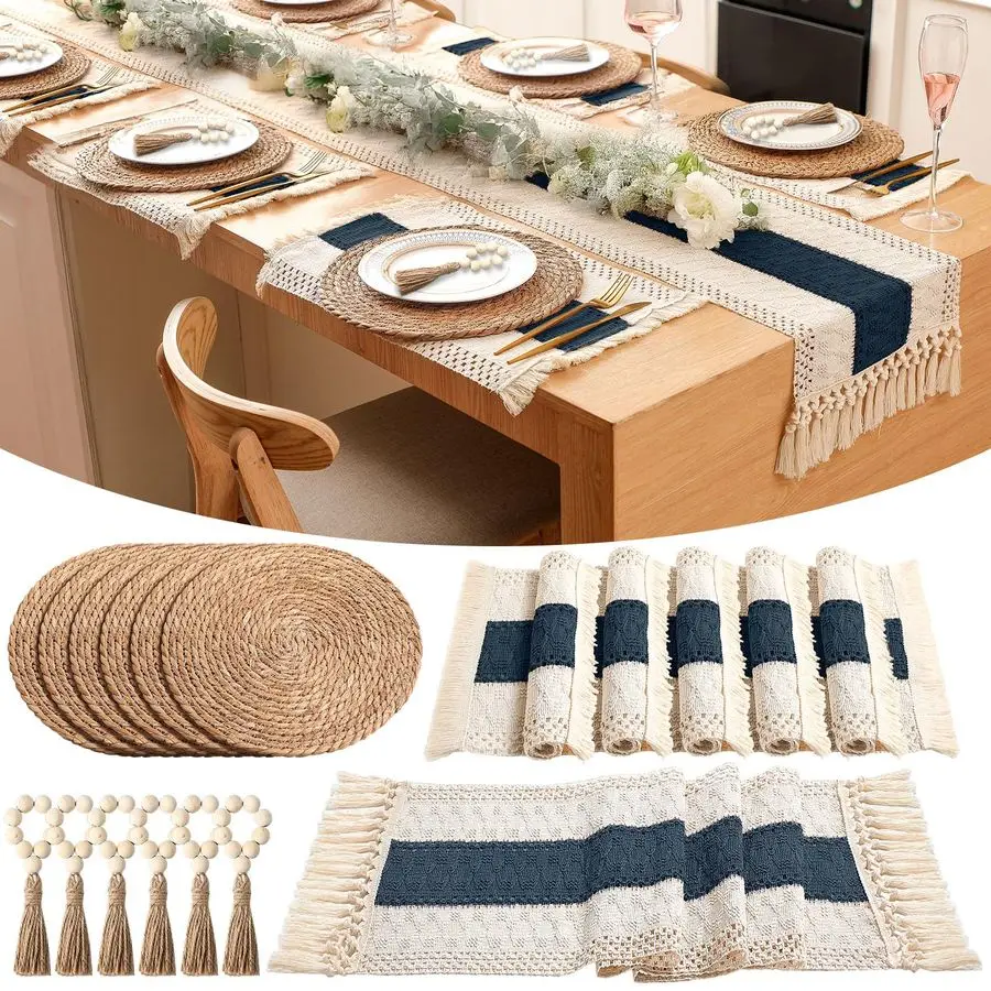 

Set of 6 Table Runner and Placemats Boho Napkin Rings, Farmhouse Macrame Table Runner Rustic Round Woven Decorative Place Mats f