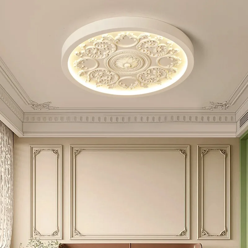 French Cream Mid Century Flower Relief Ceiling Light Bedroom Study Master Vintage Luxury LED Home Decor Chandelier Lamp Fixture