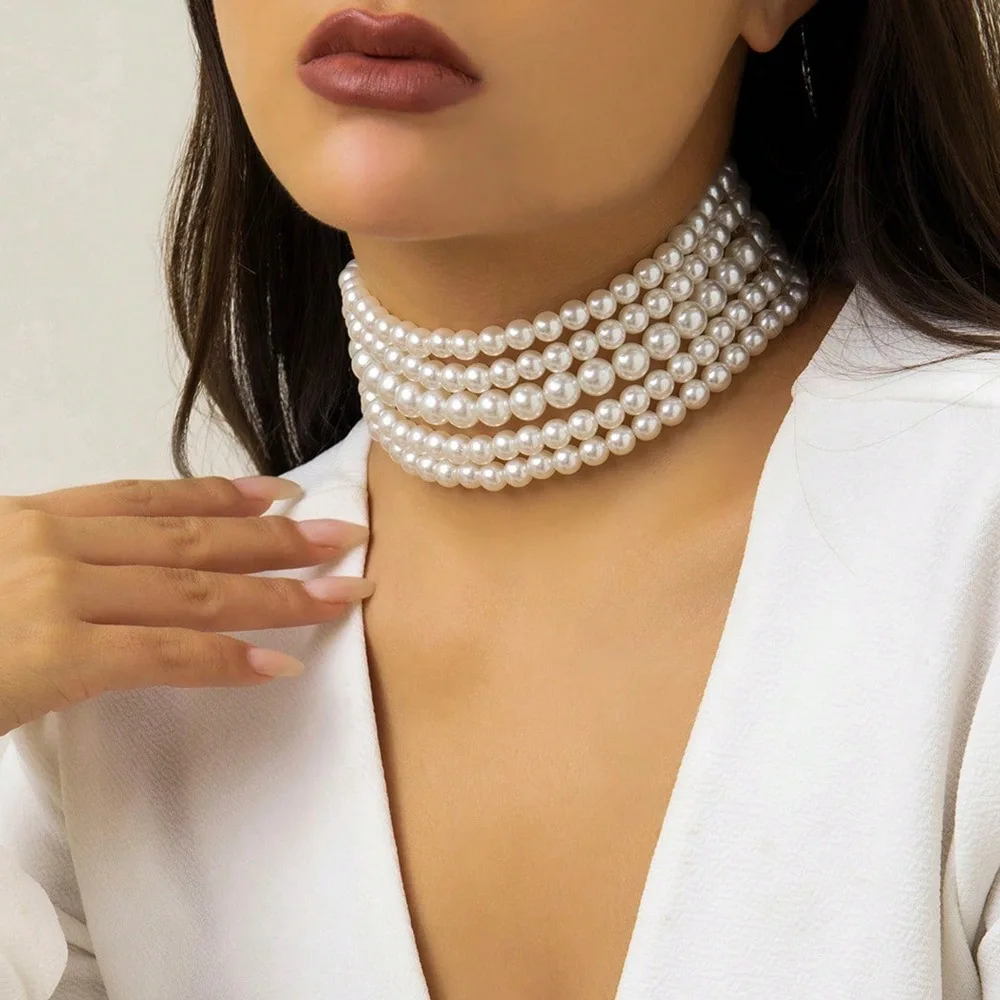 

Hot-selling jewelry necklace European American fashion and elegance multi-layer pearl beaded short necklace earrings set women