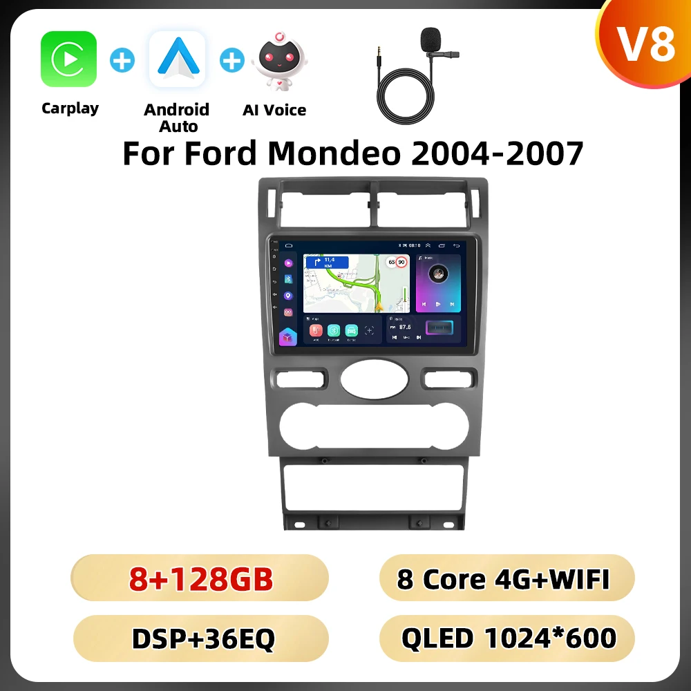 Podofo 9 ''2din Autoradio Voor Ford Mondeo 2004-2007 Multimediaspeler Carplay Android Car Navigation Dsp Ai Voice Bt Car Audio - afbeelding 1
