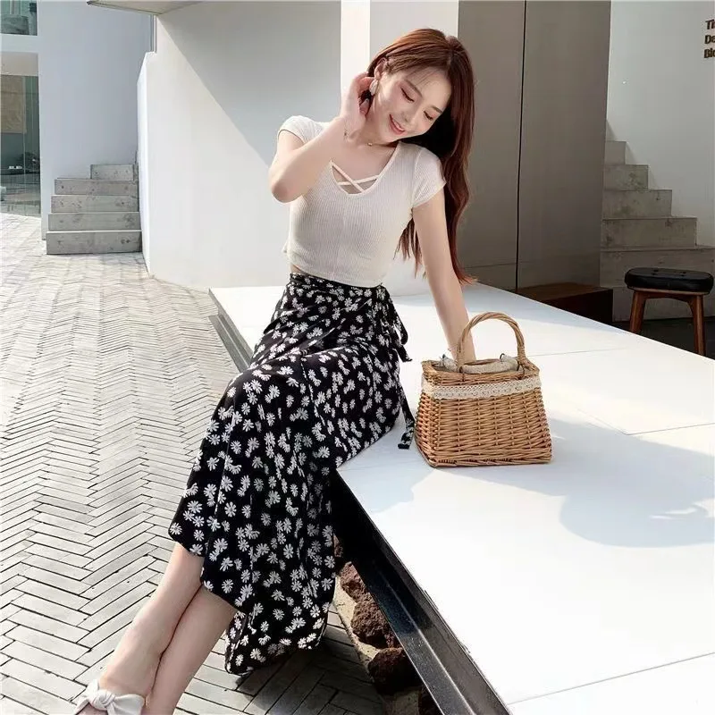 

Летняя женская дышащая юбка-миди с цветочным принтом, юбка с запахом и завязками, многосторонняя юбка для пляжного отдыха