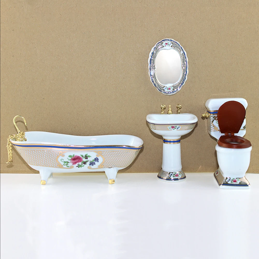 1/12 Dollhouse Miniature Accessories Mini Bathroom Set Simulation Bathtub Mirror Hand Sink for Doll House Decoration ob11