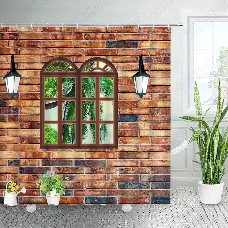 Vintage Wooden Board Shower Curtains Retro Brick Wall Street Lights Farm Barn Door Green Leaves Plant Fabric Home Bathroom Decor