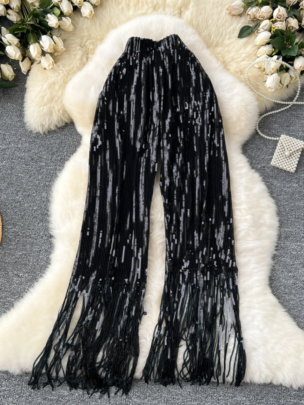 iny Pailletten Hohe Taille Breite Bein Hosen Frauen Sommer Abnehmen Casual Micro Flare Lange Hosen Schwere Quaste Leistung Kleidung
