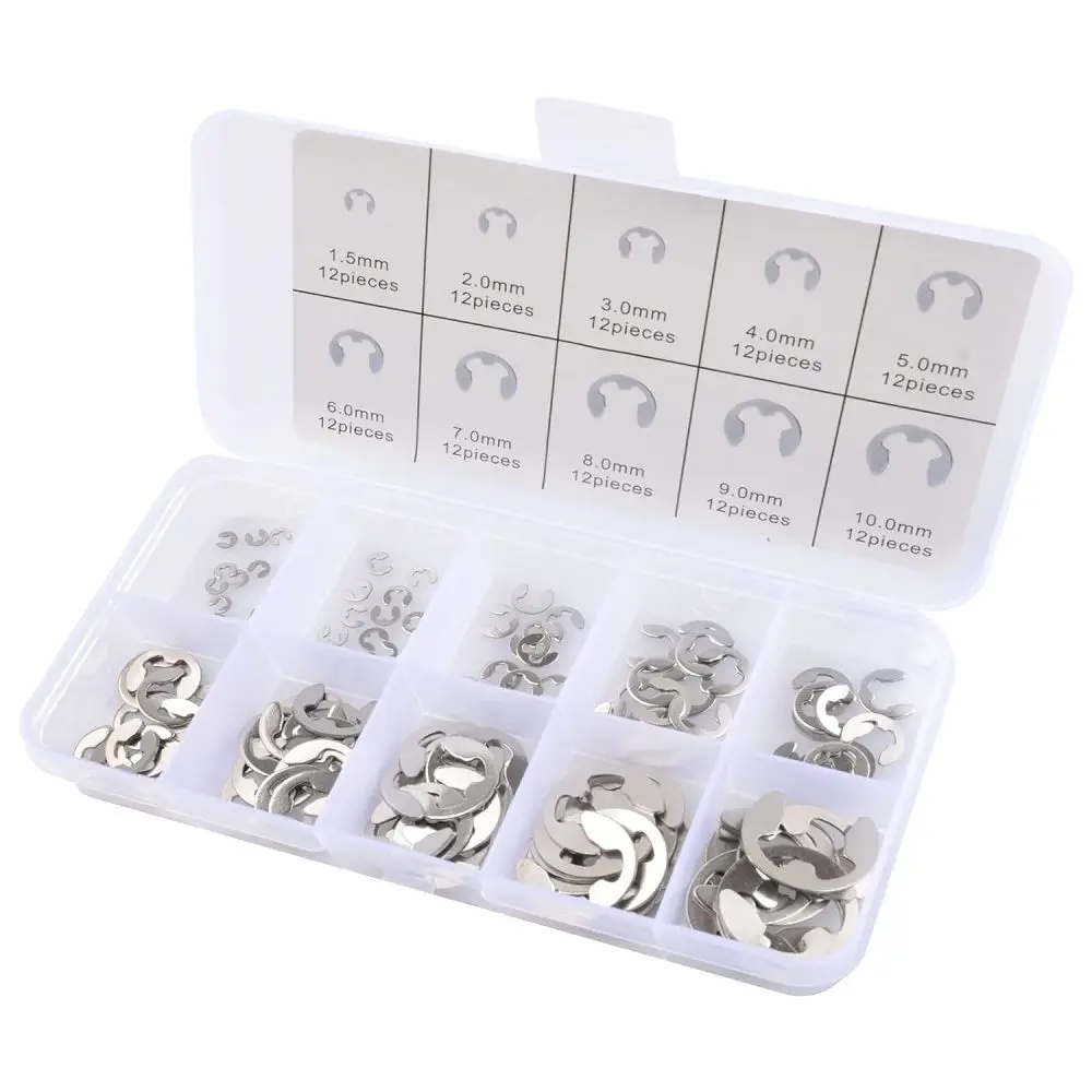 

120pcs E-Clip Washer Assorted Kit 10 Sizes Circlip 304 Stainless Steel External Retaining Shaft Snap Ring Washer Assortment Kit