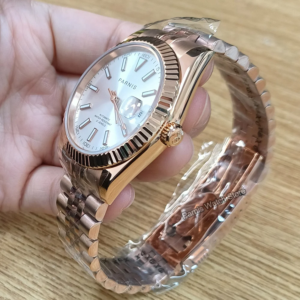 Parnis 39.5mm Stereosc Bezel  Jubilee Bracelet Rose Gold Color Miyota Automatic Men Wristwatch