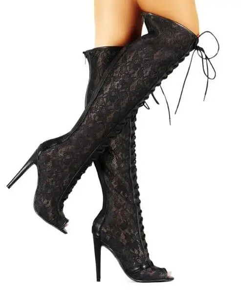 

Женские черные кружевные сапоги до колена с открытым носком и перекрестной завязкой на шнуровке Женские модные длинные сандалии на шпильке с воздушной сеткой