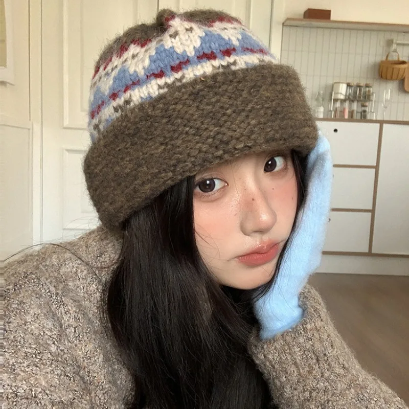 

Japanese Ethnic Style Knitted Pullover Hat for Men and Women, Autumn and Winter Retro Ear Protection Warm Ski Skull Beanie Cap