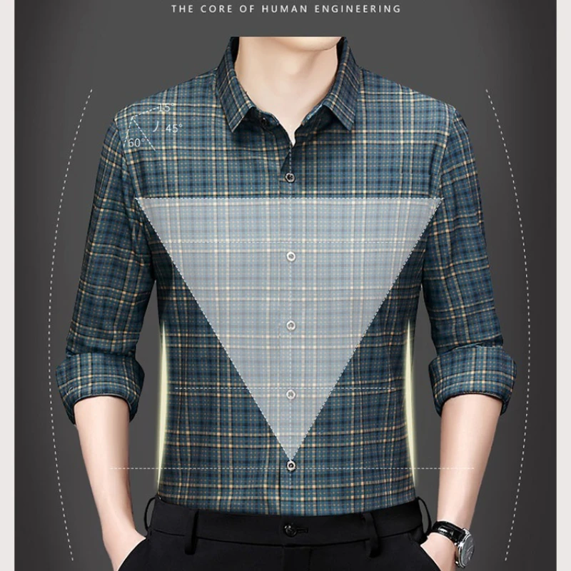 Men Long Sleeve Shirts Anti Wrinkle No Trace Plaid Quality Non Iron Tops & Tees Fashion Print Business Shirt Male Spring Clothes