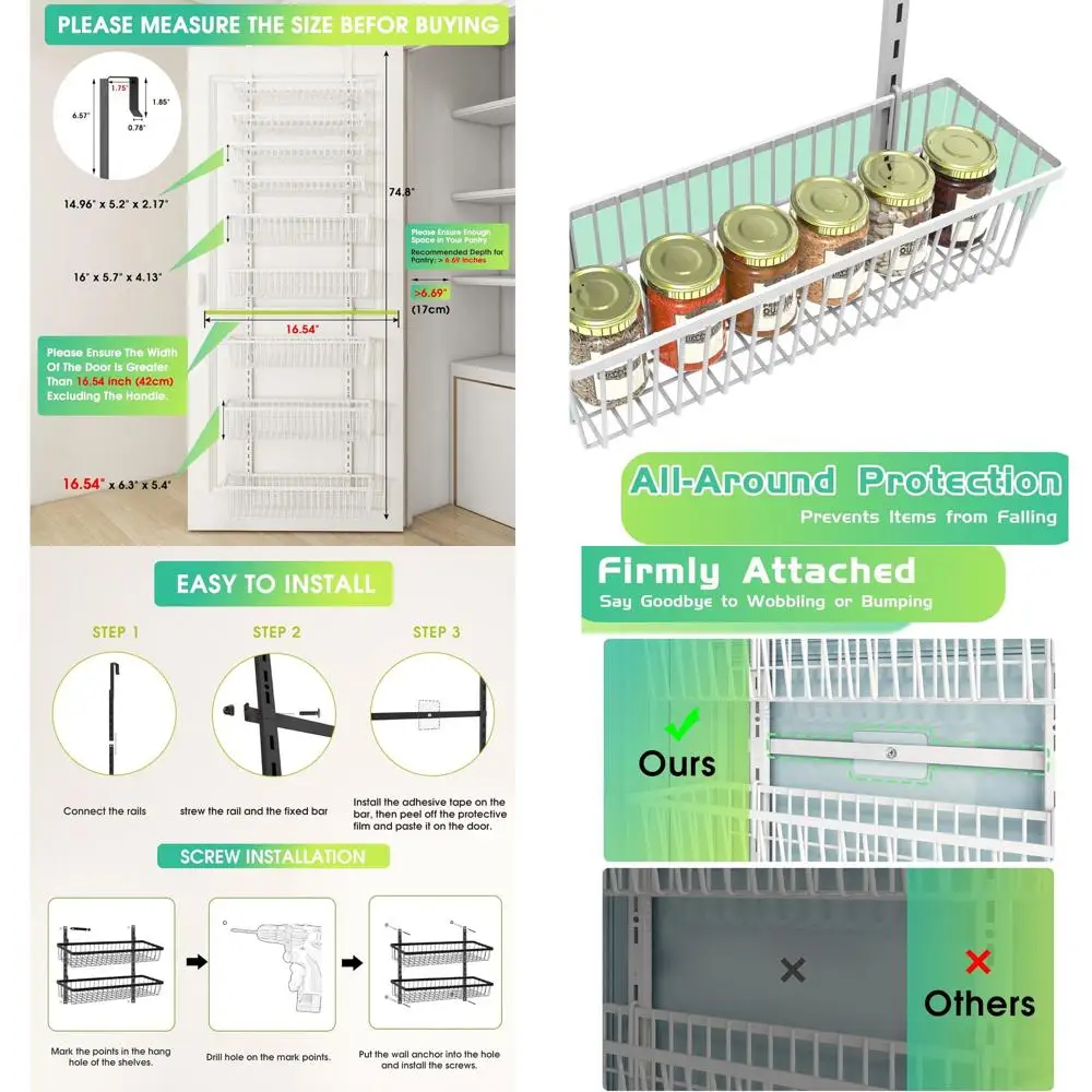 

Наддверный металлический органайзер для кладовой с глубокими корзинами для эффективного хранения в кухне, доме и стиральных помещениях.