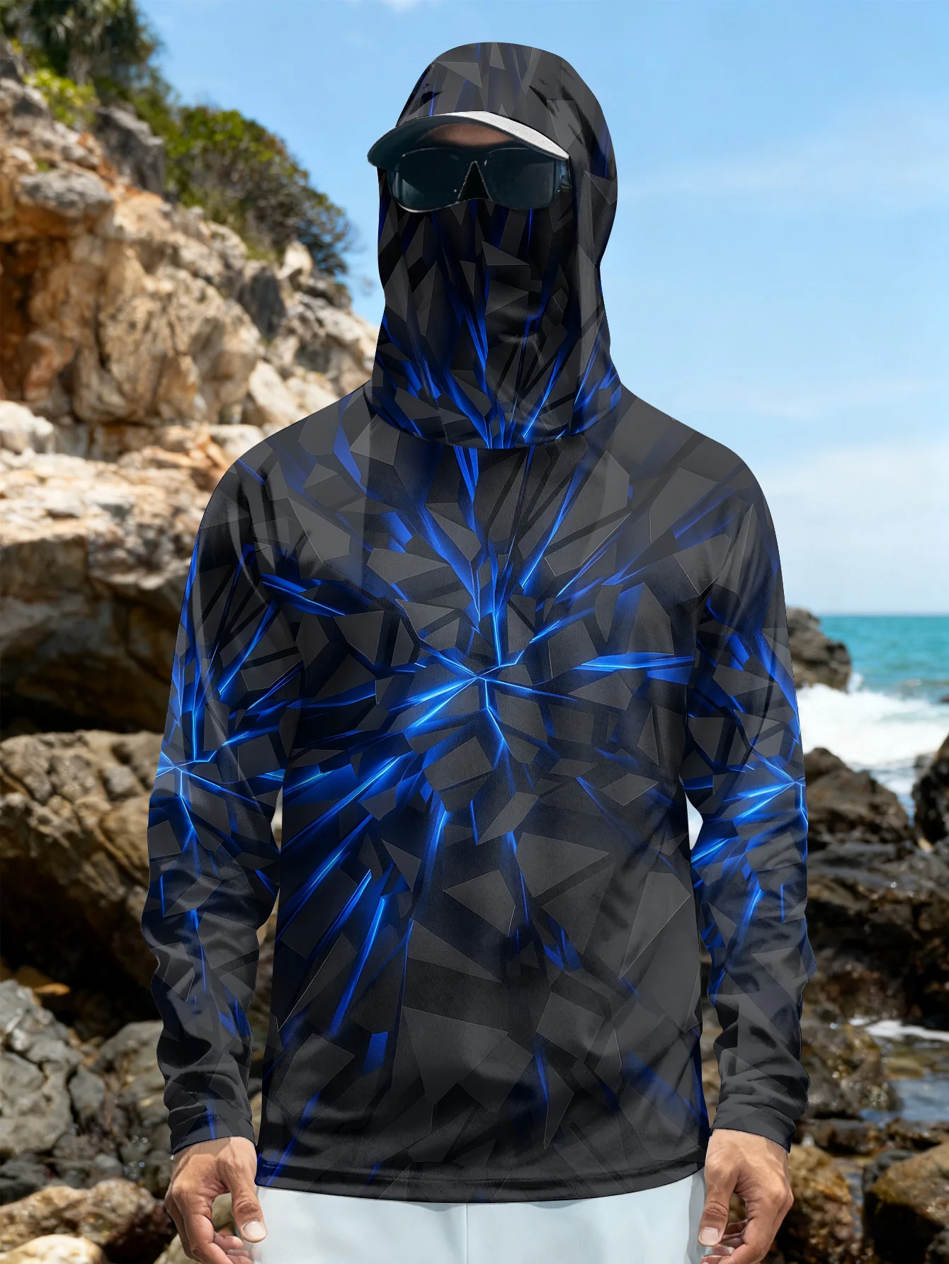 Men's Long-Sleeved T-Shirt with Sun Protection Hooded Cover Face Mask Breathable One-Piece Outdoor Long-Sleeved Top