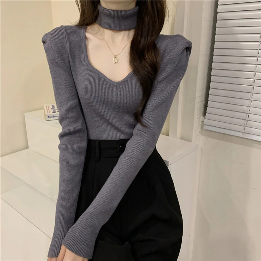 Turtleneck Pullovers Women 2022 Spring Summer Sexy V-Neck Hollow Knit Sweaters Woman Vintage Style Solid Jumper