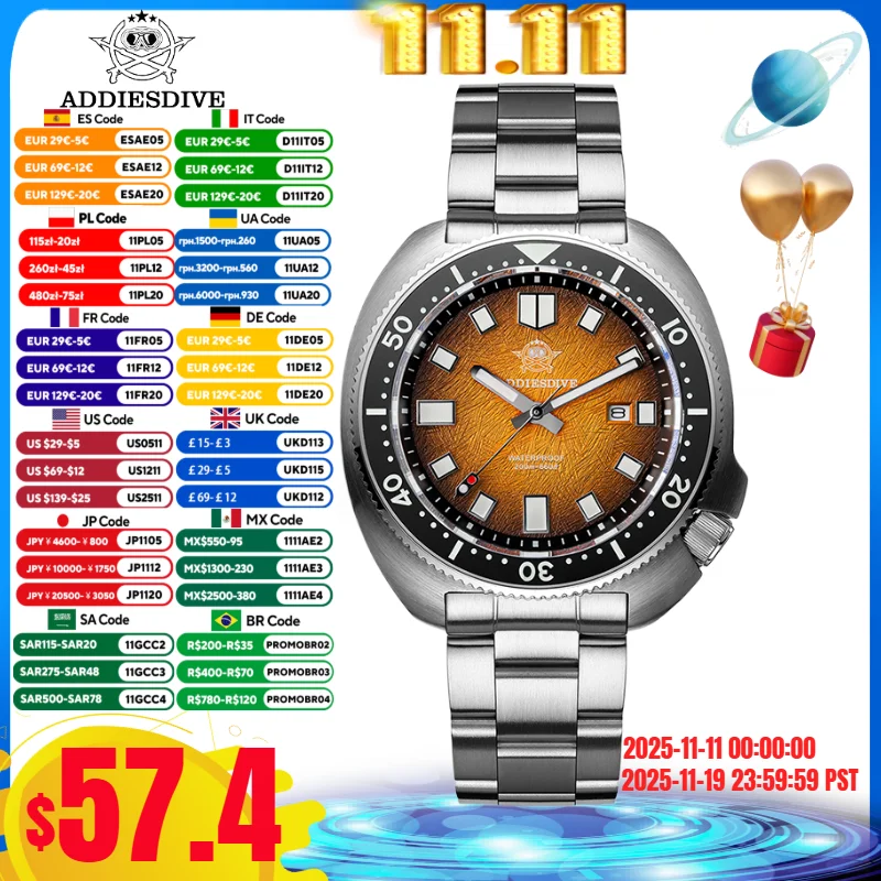 

ADDIESDIVE TOP SALE AD2511 Men Abalone Shell Watch Sapphire Glass BGW9 Super Luminous 20Bar Waterproof Quartz Watch reloj hombre