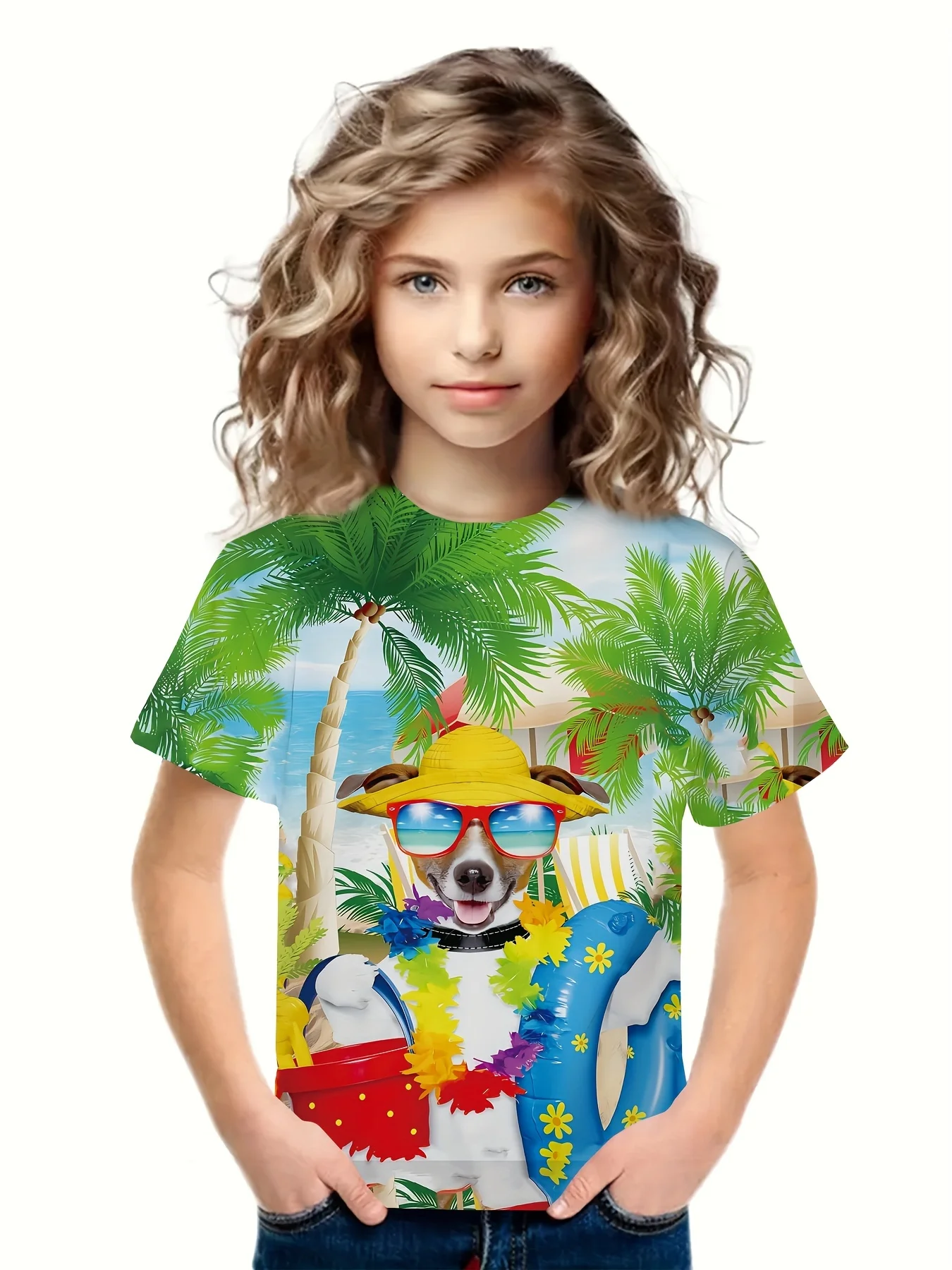 3D Hawaii Puppy Graphic Short Sleeve T-shirt Loose Fit Breathable Pullover For Girls Boys Summer Sports