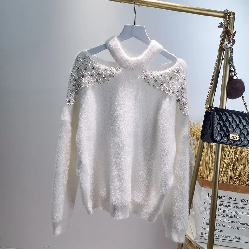 Pull en fourrure de vison à épaules dénudées pour femmes, optique perlée, pulls en mohair, pull en cachemire avec perles, chemises tricotées, automne et hiver, Y-Crop