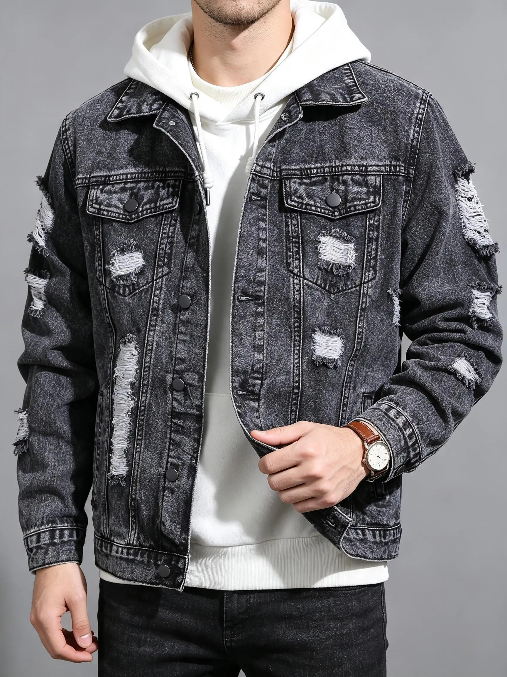 Immagine 5: Giacca in denim da uomo a vestibilità ampia con bordi sfrangiati in stile Y2K, giacca streetwear alla moda, regalo carino per il tuo partner.