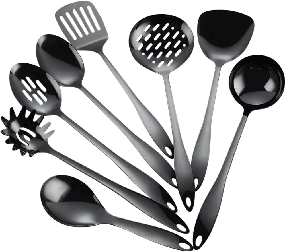 8 Piece Stainless Steel Kitchen Utensil Set Black Nonstick Cooking Utenisls Titanium Plated Kitchen Tools Gadgets Slotted