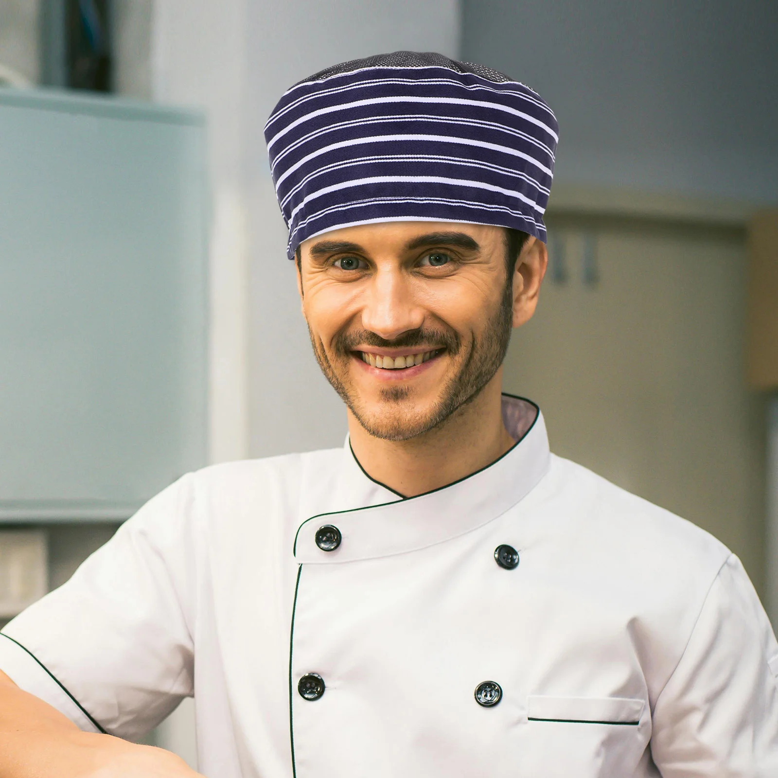 Blue White Striped Chef Hat Breathable Mesh Top Unisex Kitchen Cooking Cap For Restaurant Hotel Staff Reusable Workwear