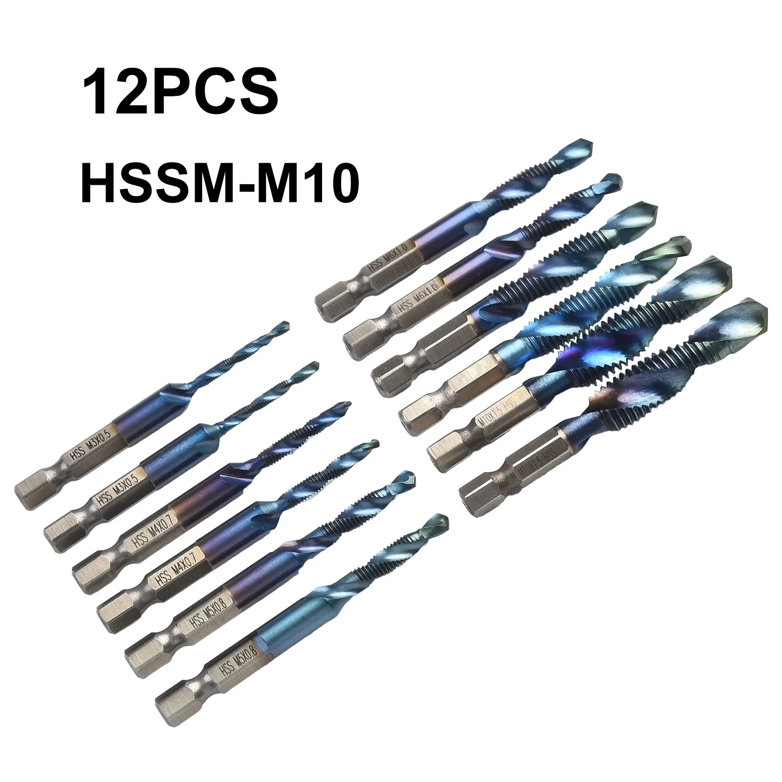 Imagem -06 - Titânio Revestido Rosca Metric Tap Drill Bit Grupo Ferramentas Manuais Hss Combinação Broca Hex Shank M10 12 Pcs